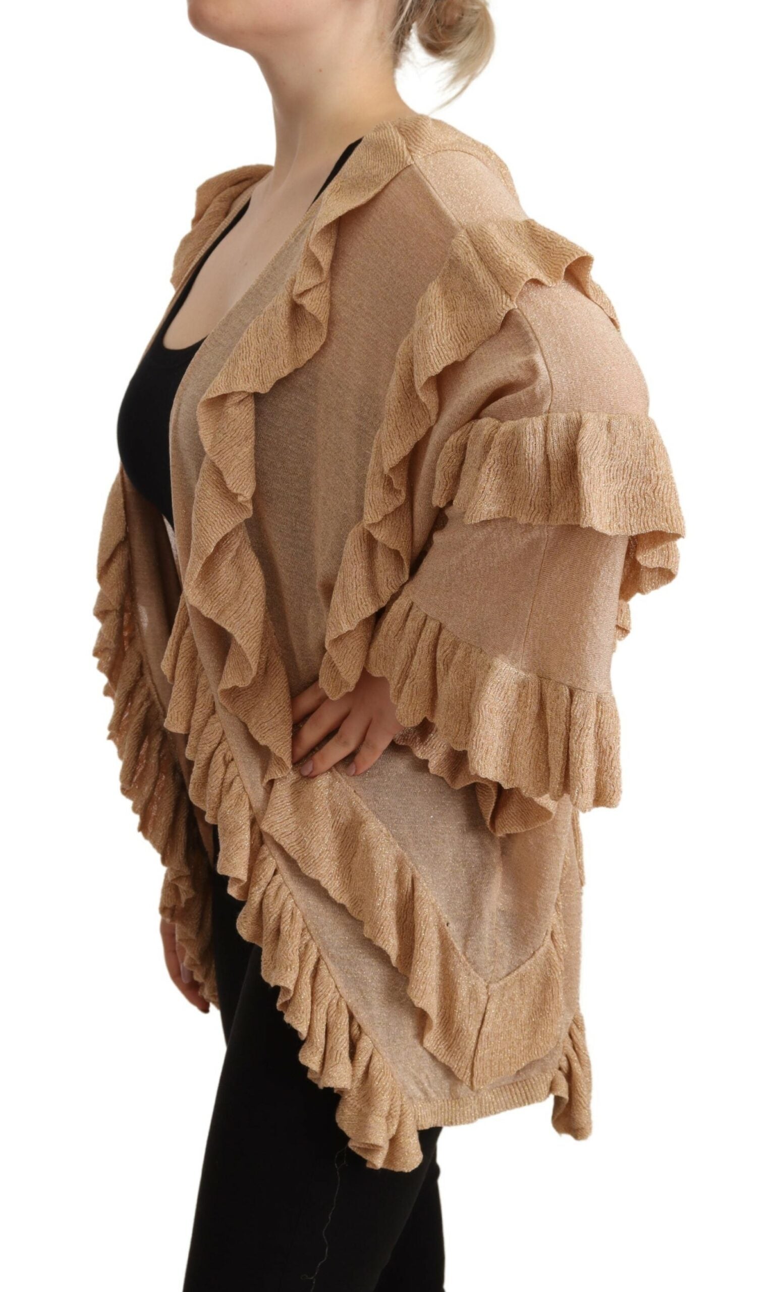 Beige Ruffle Long Sleeves Open Front Cardigan Sweater-Aniye By-LabelTerrace.com