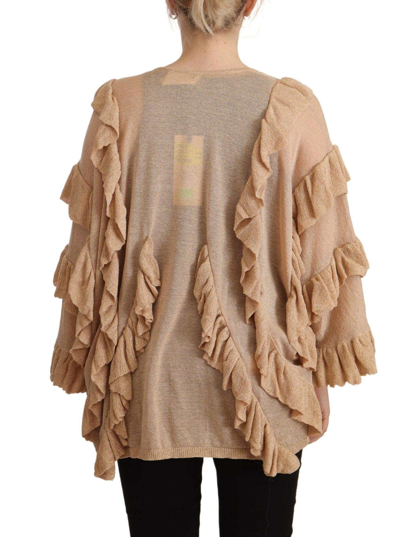 Beige Ruffle Long Sleeves Open Front Cardigan Sweater-Aniye By-LabelTerrace.com