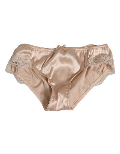 Beige Silk Satin Floral Lace Panty Brief Underwear