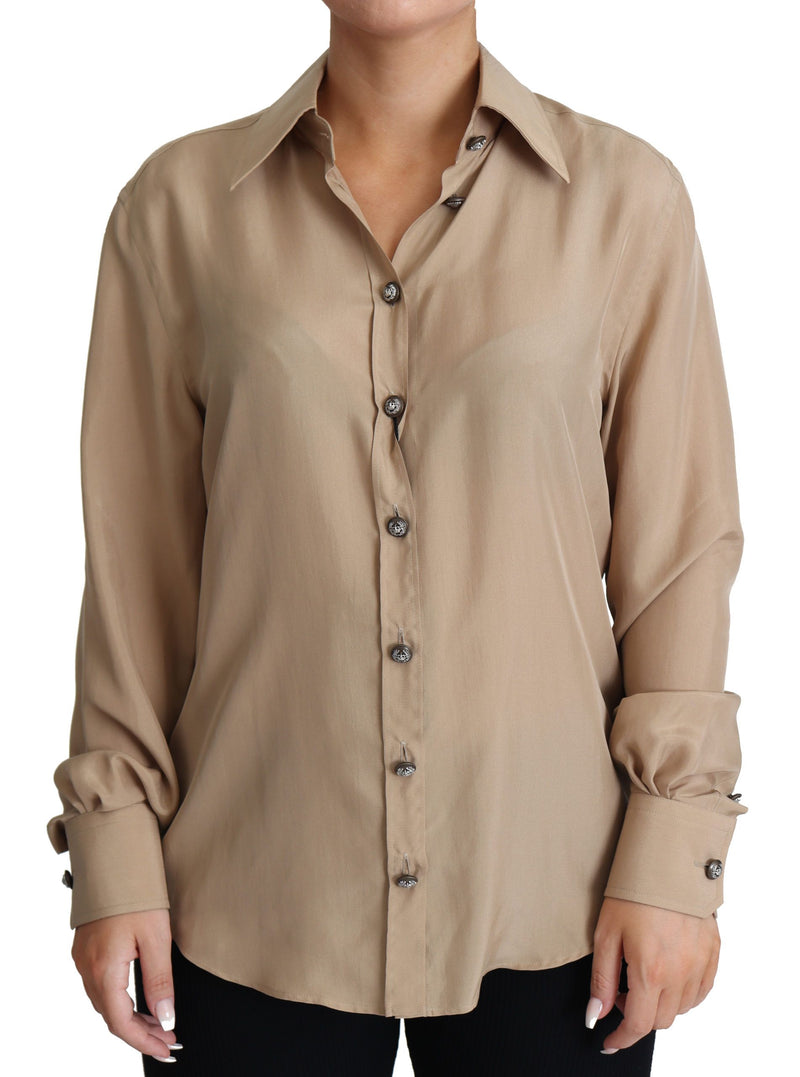 Beige Silk Shirt Decorative Buttons Top-Dolce & Gabbana-LabelTerrace.com