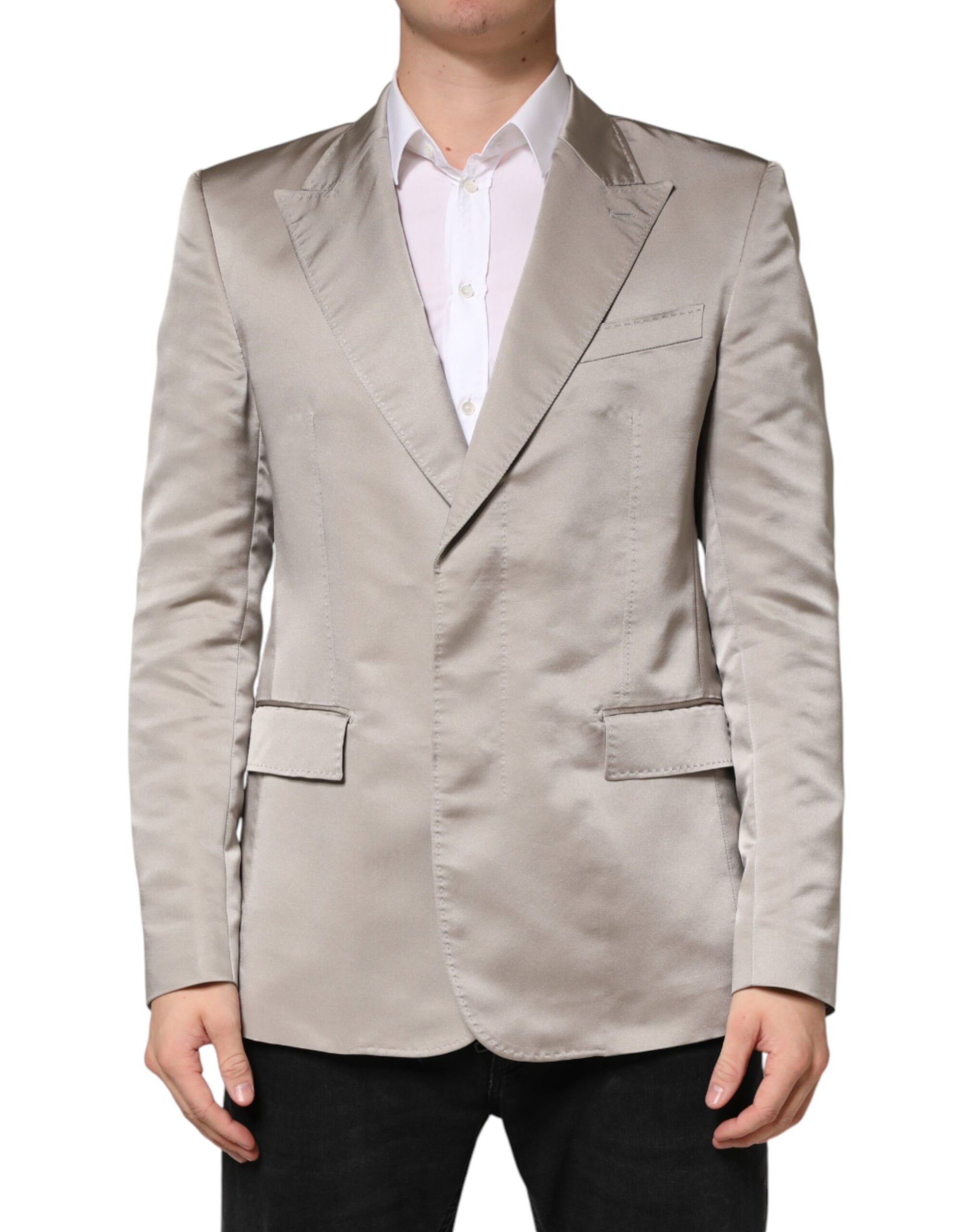 Beige Silk Single Breasted Jacket Men Blazer
