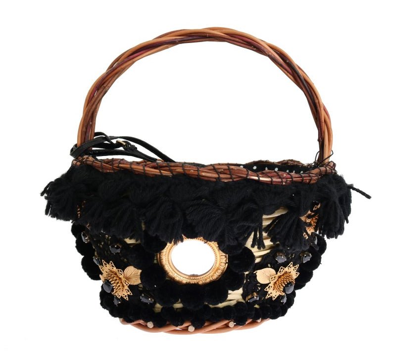 Beige Straw Snakeskin Pom Pom Crystal AGNESE Bag-Dolce & Gabbana-LabelTerrace.com