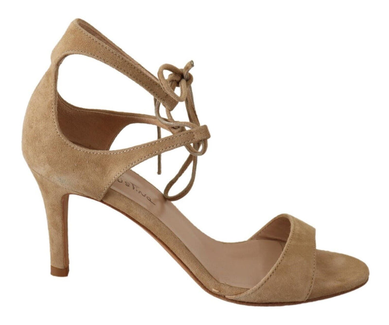 Beige Suede Leather Ankle Strap Pumps Shoes-Maria Christina-LabelTerrace.com