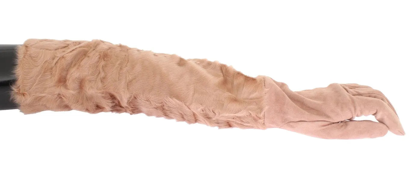 Beige Suede Xiangao Fur Elbow Gloves-Dolce & Gabbana-LabelTerrace.com