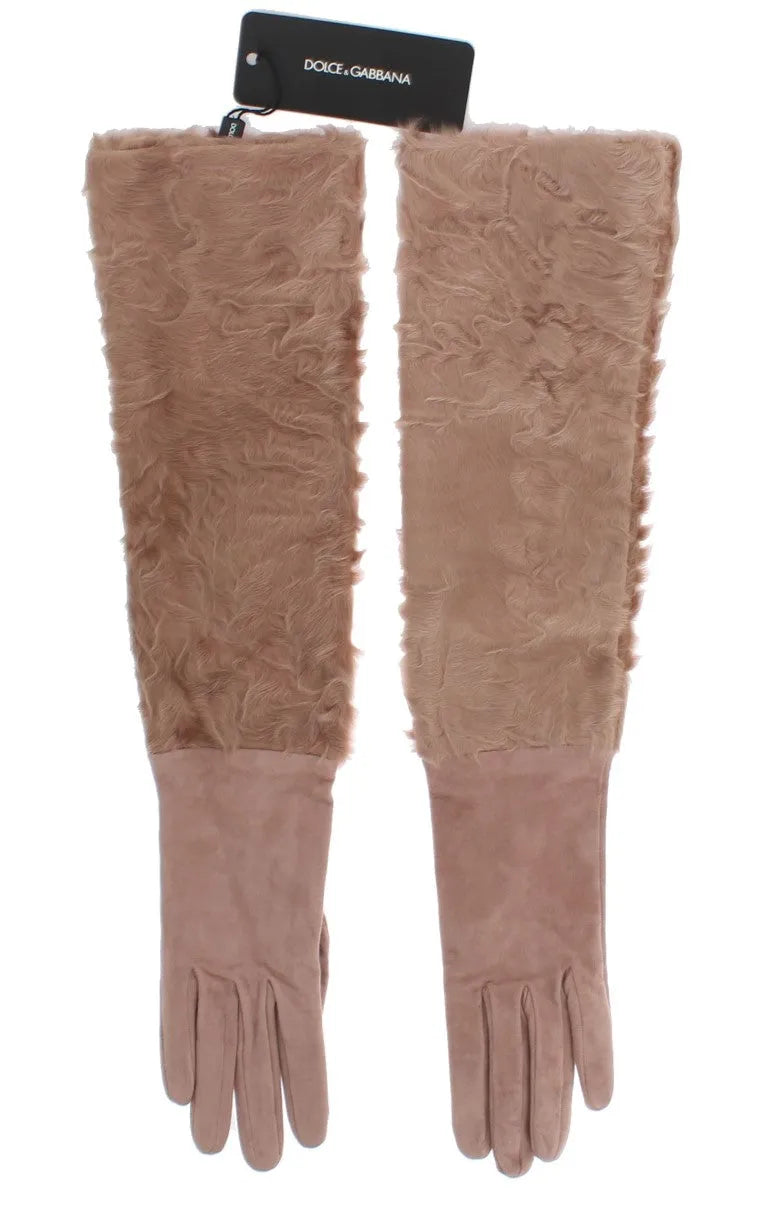 Beige Suede Xiangao Fur Elbow Gloves-Dolce & Gabbana-LabelTerrace.com