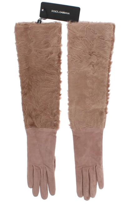 Beige Suede Xiangao Fur Elbow Gloves-Dolce & Gabbana-LabelTerrace.com