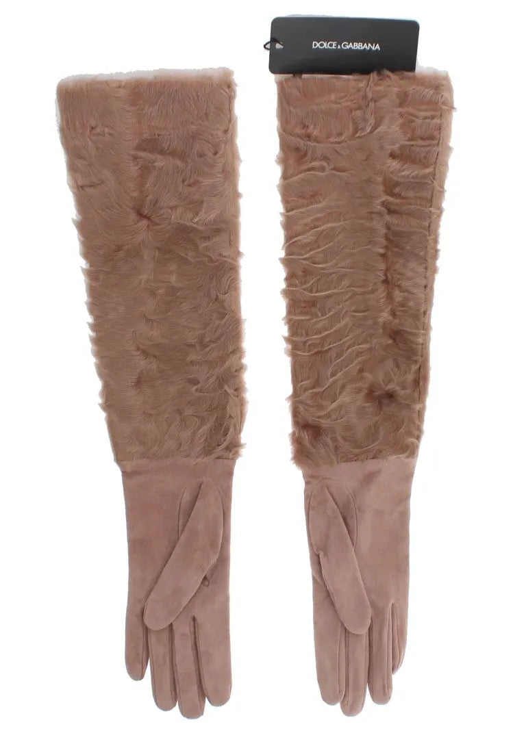 Beige Suede Xiangao Fur Elbow Gloves-Dolce & Gabbana-LabelTerrace.com