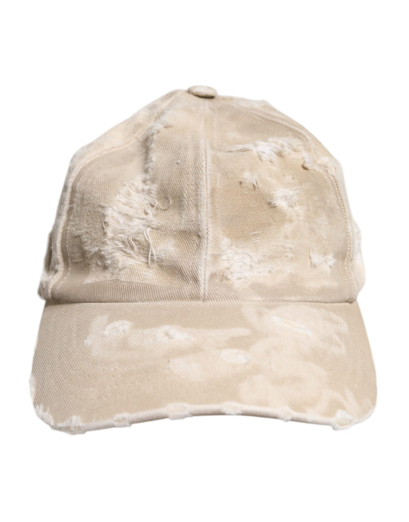 Beige Tattered Cotton 6 Panels Baseball Cap-Dolce & Gabbana-LabelTerrace.com