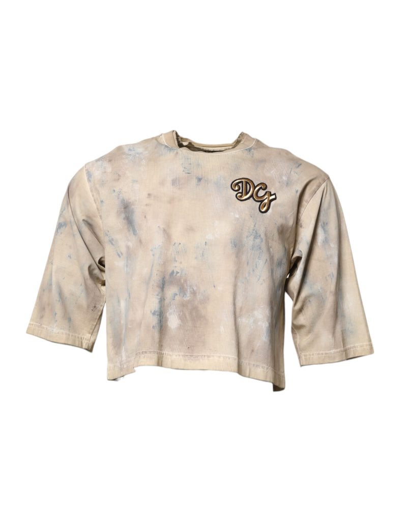 Beige Tie Dye DG Embroidery Cropped T-shirt-Dolce & Gabbana-LabelTerrace.com