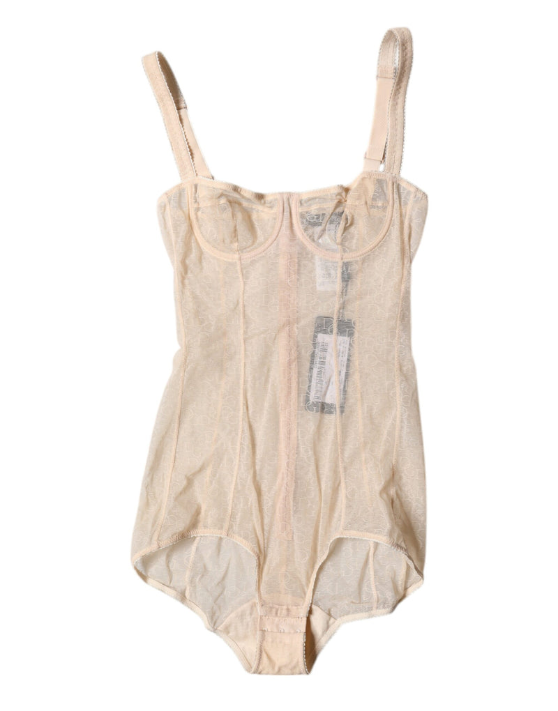 Beige Tulle Balconette Bra Bodysuit Underwear-Dolce & Gabbana-LabelTerrace.com