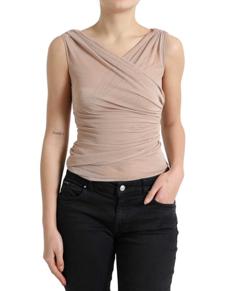 Beige Viscose V-neck Sleeveless Tank Top-Dolce & Gabbana-LabelTerrace.com