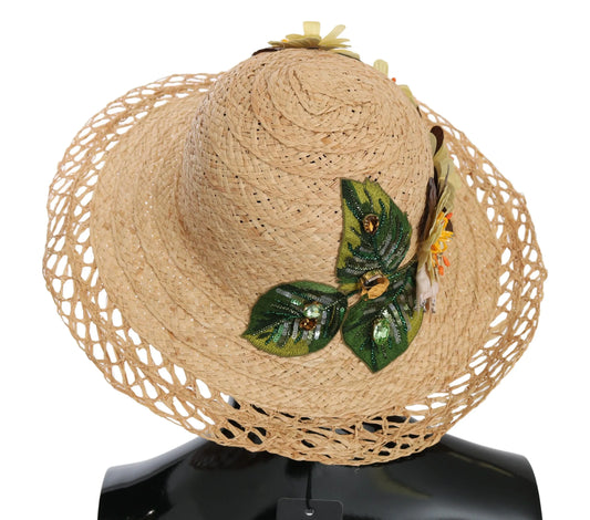 Beige Wide Brim Floral Bucket Capello Hat-Dolce & Gabbana-LabelTerrace.com