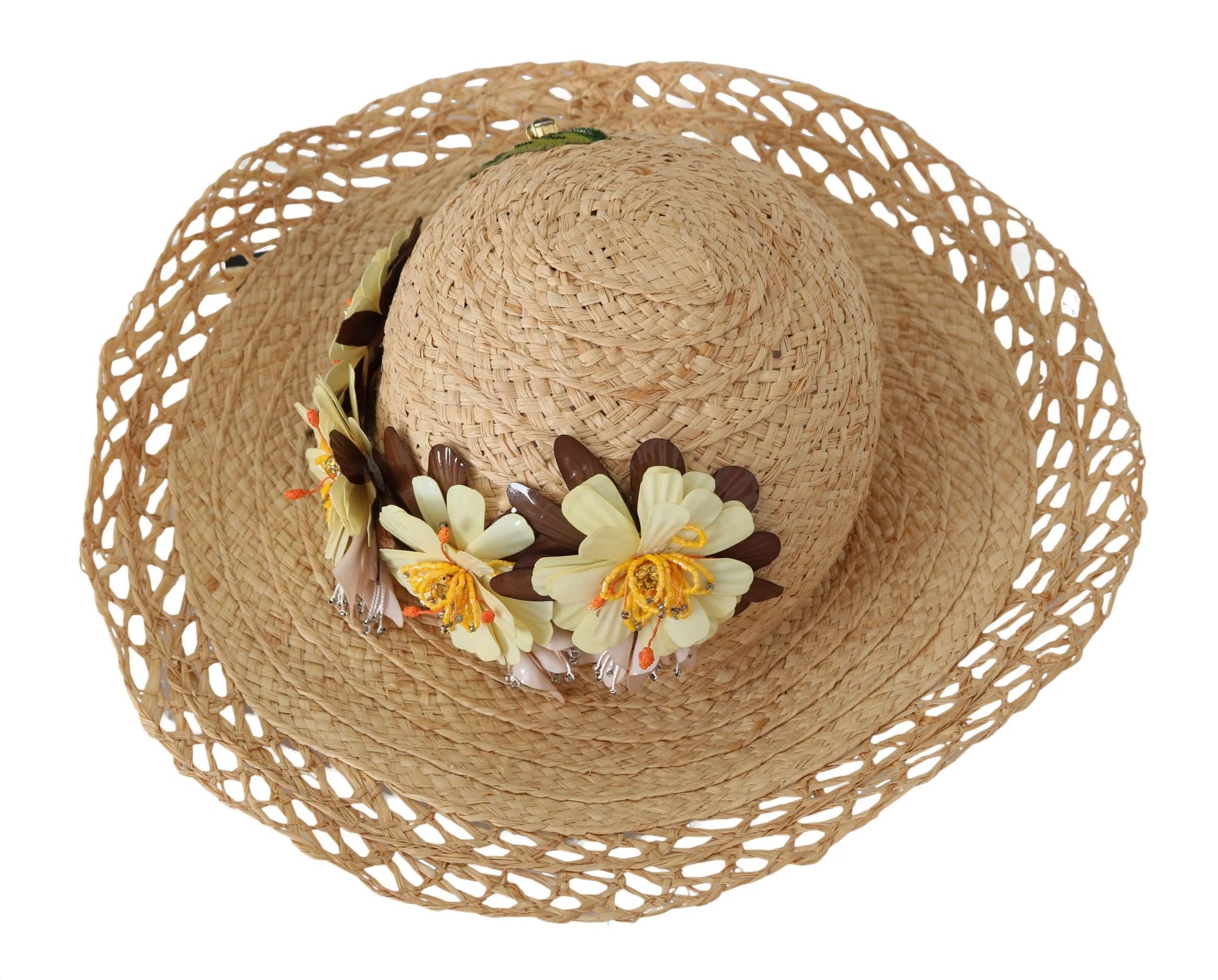Beige Wide Brim Floral Bucket Capello Hat-Dolce & Gabbana-LabelTerrace.com