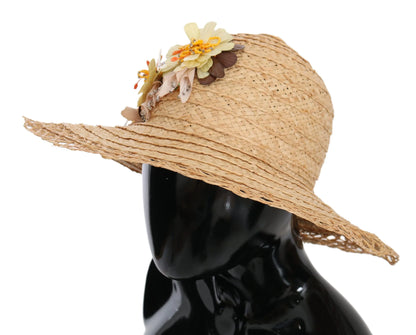 Beige Wide Brim Floral Bucket Capello Hat-Dolce & Gabbana-LabelTerrace.com