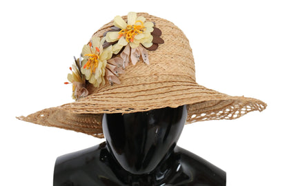 Beige Wide Brim Floral Bucket Capello Hat-Dolce & Gabbana-LabelTerrace.com