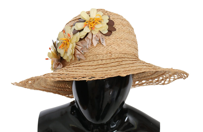 Beige Wide Brim Floral Bucket Capello Hat-Dolce & Gabbana-LabelTerrace.com