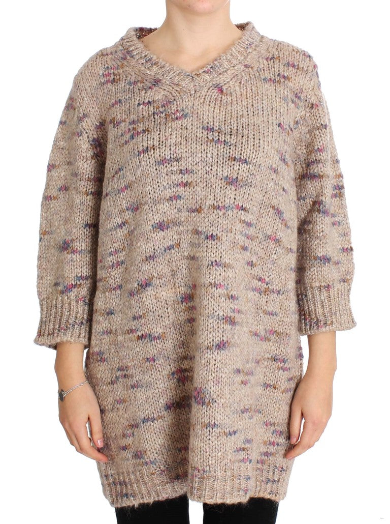 Beige Wool Blend Knitted Oversize Sweater-PINK MEMORIES-LabelTerrace.com