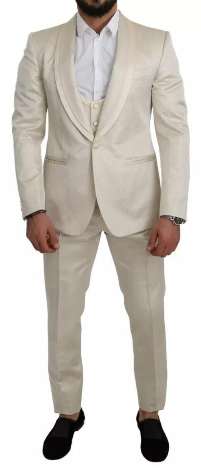Beige Wool Crème 3 Piece SICILIA Shawl Suit-Dolce & Gabbana-LabelTerrace.com