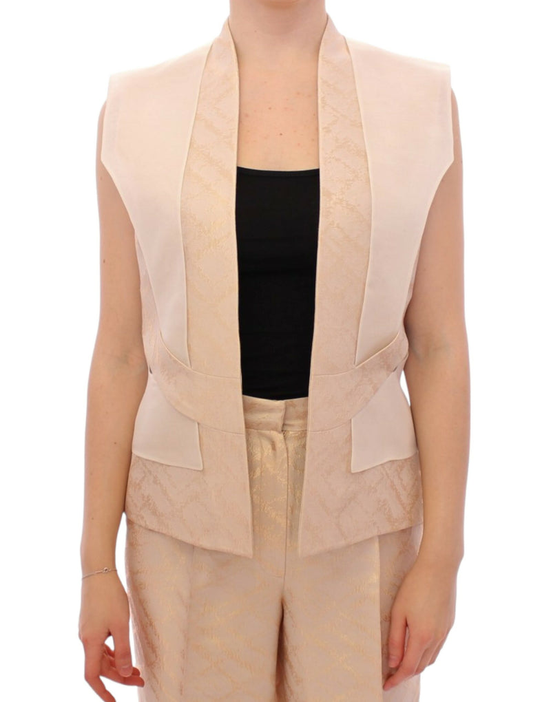 Beige brocade sleeveless jacket vest-Zeyneptosun-LabelTerrace.com