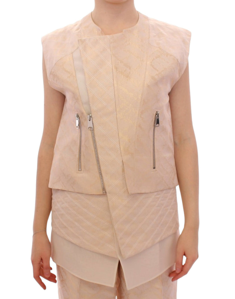 Beige brocade sleeveless jacket-Zeyneptosun-LabelTerrace.com
