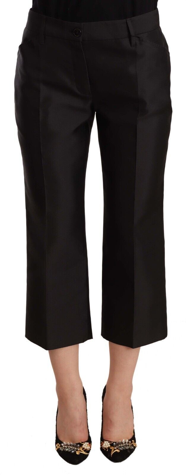Black 100% Silk Flared Cropped Pants-Dolce & Gabbana-LabelTerrace.com