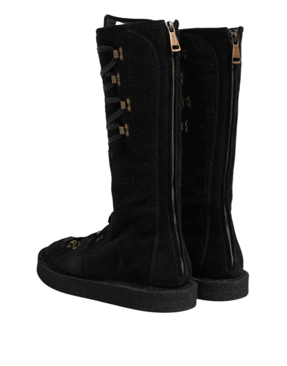Black Alpaca Wool Suede Mid Calf Boots Shoes