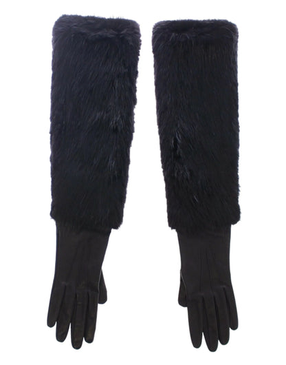 Black Beaver Fur Lambskin Leather Elbow Gloves-Dolce & Gabbana-LabelTerrace.com