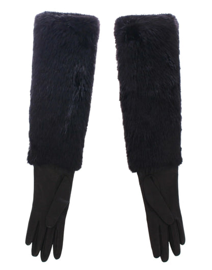 Black Beaver Fur Lambskin Leather Elbow Gloves-Dolce & Gabbana-LabelTerrace.com