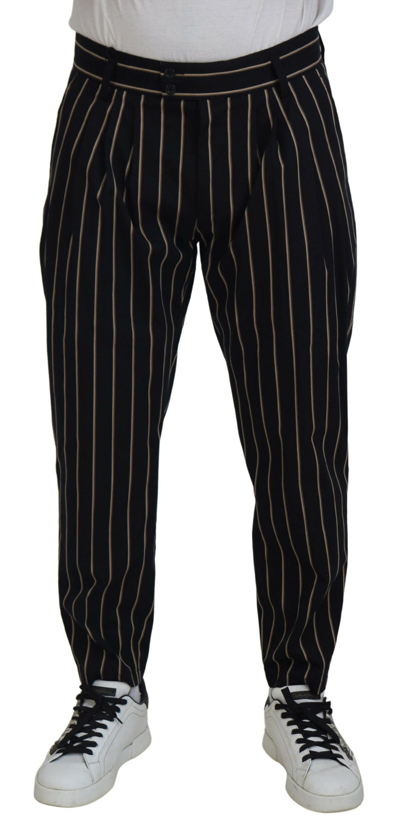 Black Beige Striped Cotton Stretch Pants-Dolce & Gabbana-LabelTerrace.com