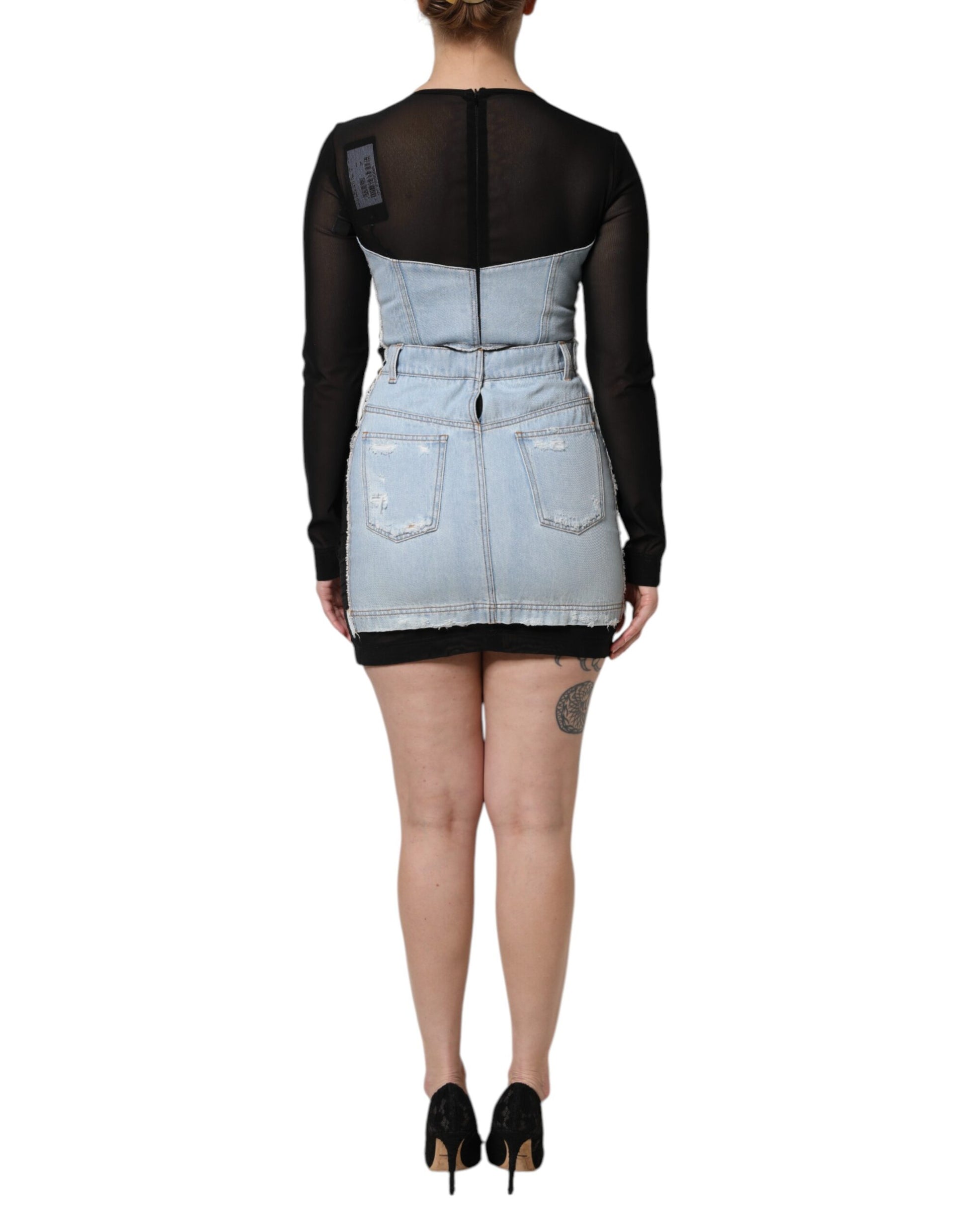 Black Blue Long Sleeves Denim Mini Dress-Dolce & Gabbana-LabelTerrace.com