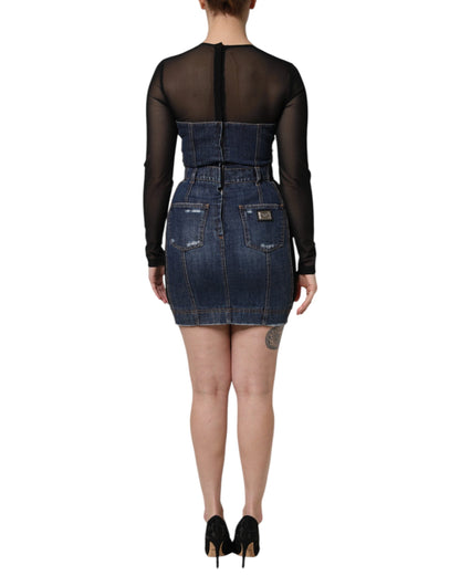 Black Blue Long Sleeves Denim Mini Dress-Dolce & Gabbana-LabelTerrace.com