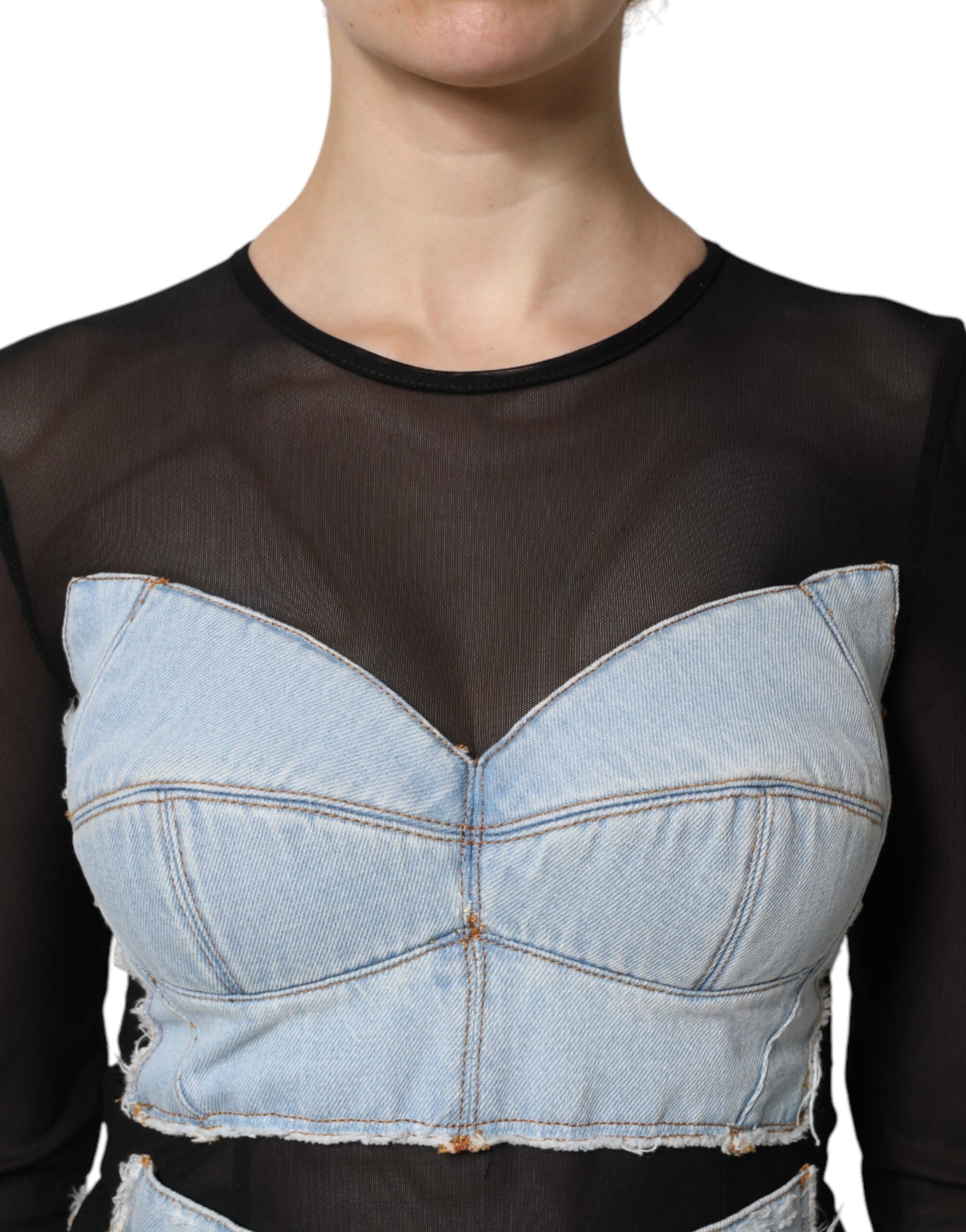 Black Blue Long Sleeves Denim Mini Dress-Dolce & Gabbana-LabelTerrace.com