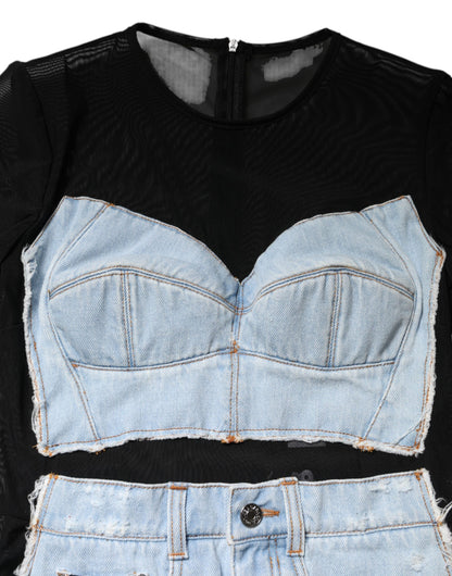 Black Blue Long Sleeves Denim Mini Dress-Dolce & Gabbana-LabelTerrace.com