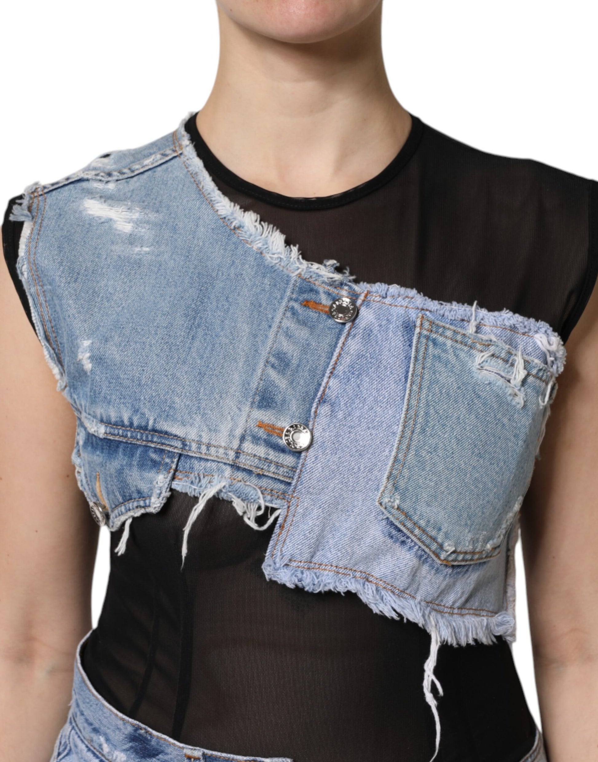Black Blue Sleeveless Denim Mini Dress-Dolce & Gabbana-LabelTerrace.com