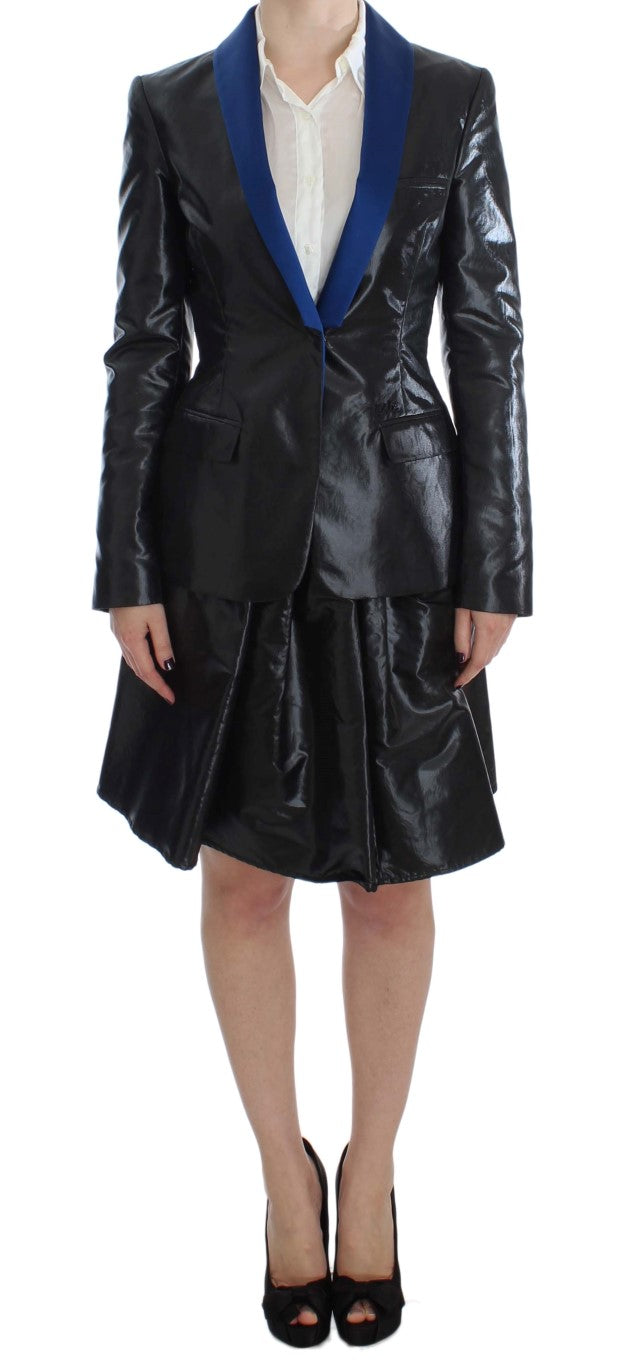 Black Blue Two Piece Suit Skirt & Blazer-Exte-LabelTerrace.com