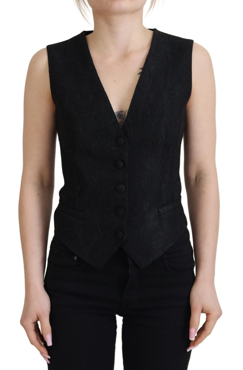 Black Brocade Button Down Sleeveless Vest Top-Dolce & Gabbana-LabelTerrace.com