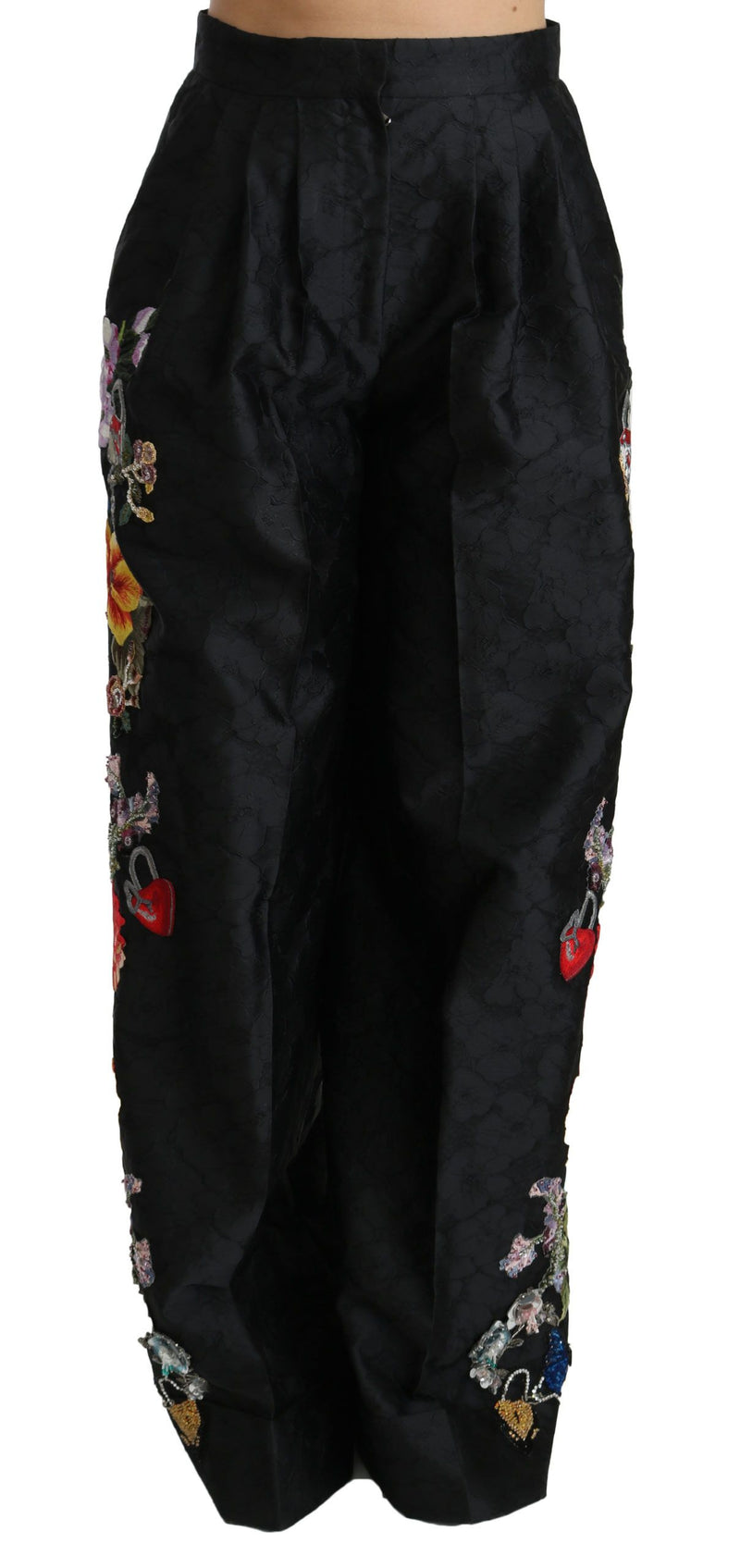 Black Brocade Floral Sequined Beaded Pants-Dolce & Gabbana-LabelTerrace.com