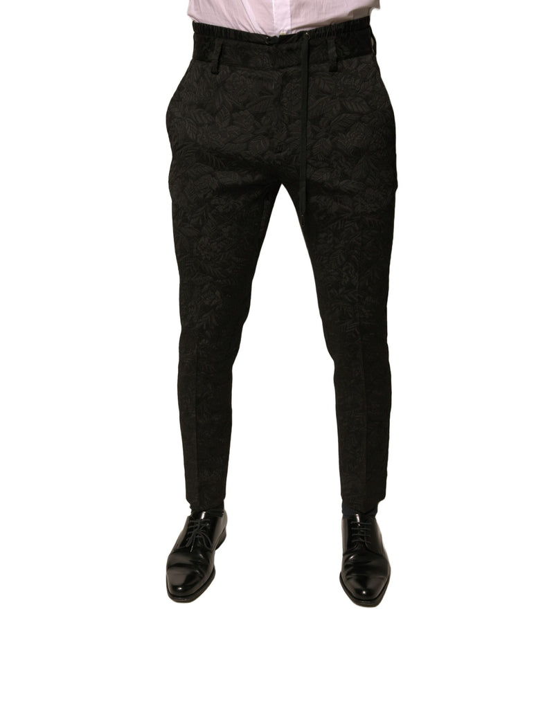 Black Brocade Polyester Skinny Men Dress Pants-Dolce & Gabbana-LabelTerrace.com