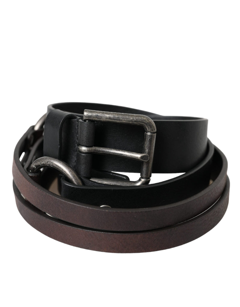 Black Brown Leather Silver Metal Buckle Belt-Dolce & Gabbana-LabelTerrace.com