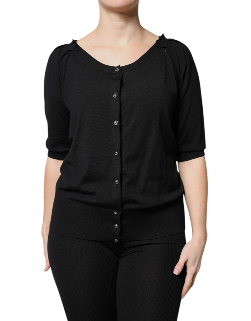 Black Button Down Short Sleeve Blouse Top-Dolce & Gabbana-LabelTerrace.com