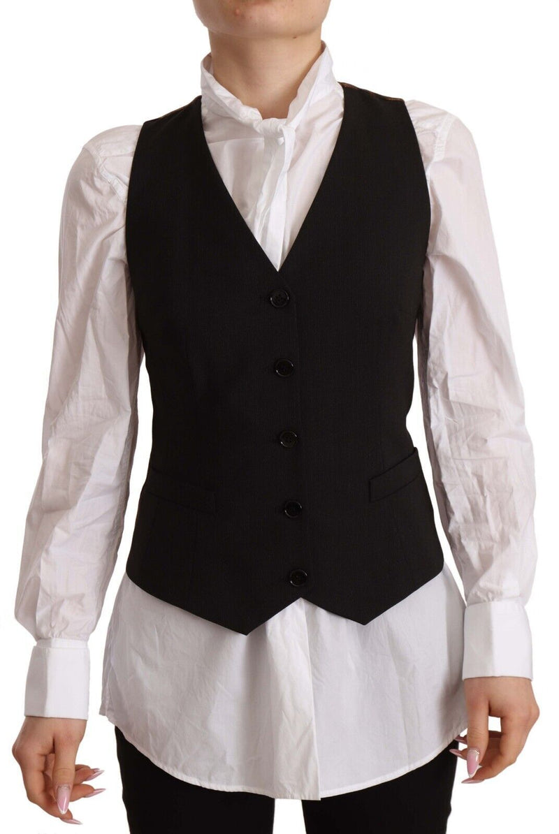 Black Button Down Sleeveless Vest Polyester Top-Dolce & Gabbana-LabelTerrace.com
