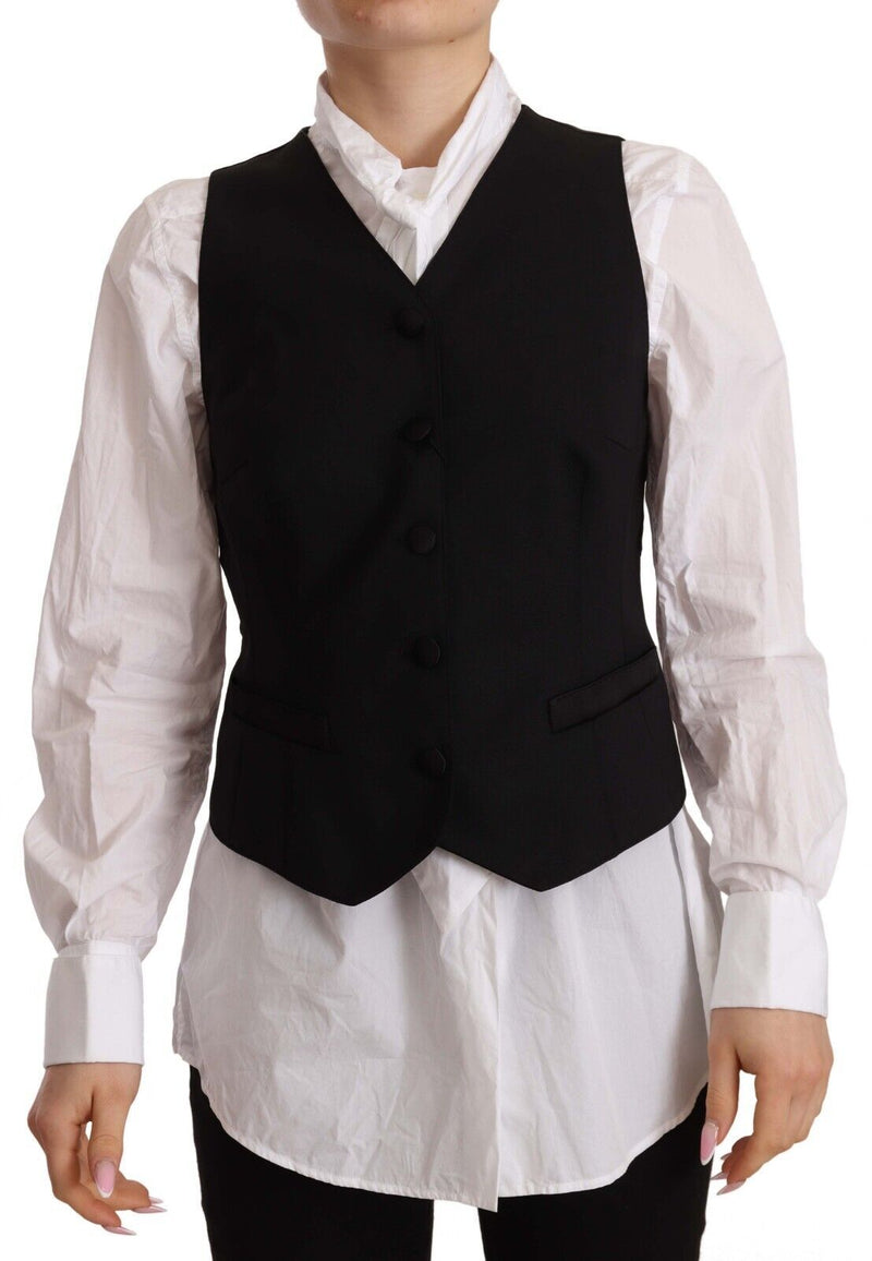 Black Button Down Sleeveless Vest Viscose Top-Dolce & Gabbana-LabelTerrace.com