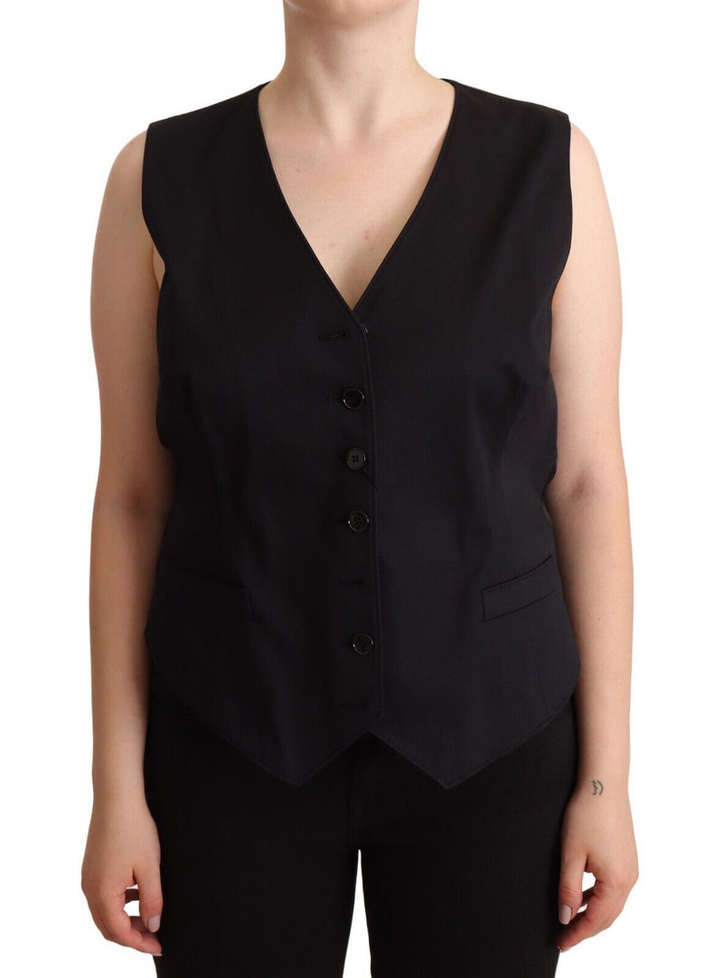 Black Button Down Sleeveless Vest Waiscoat Top-Dolce & Gabbana-LabelTerrace.com