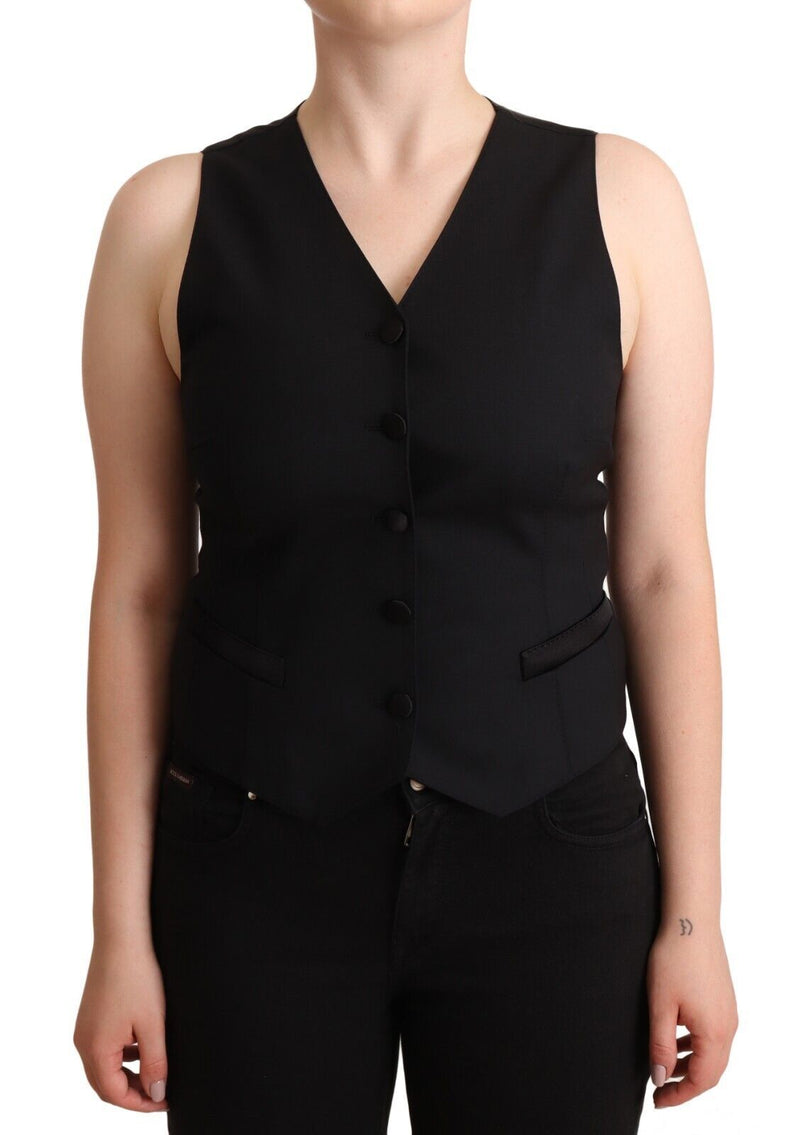 Black Button Down Sleeveless Viscose Vest Top-Dolce & Gabbana-LabelTerrace.com