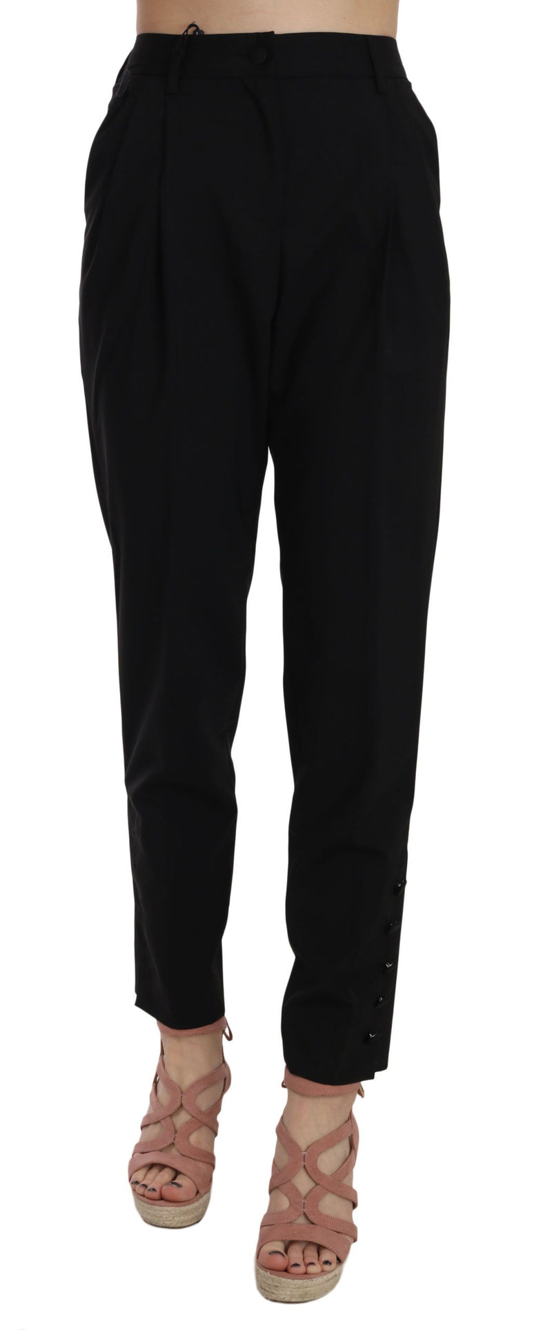 Black Button Pleated Tapered Trouser Pants-Dolce & Gabbana-LabelTerrace.com