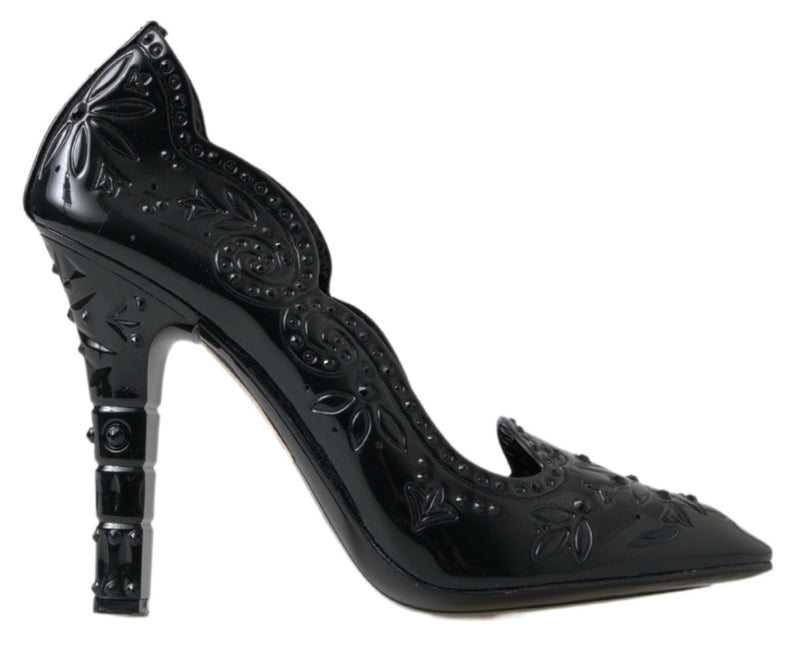 Black CINDERELLA Floral Crystal Heels Shoes-Dolce & Gabbana-LabelTerrace.com
