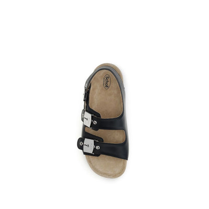 Black Calf Leather Bos Taurus Flat Sandals