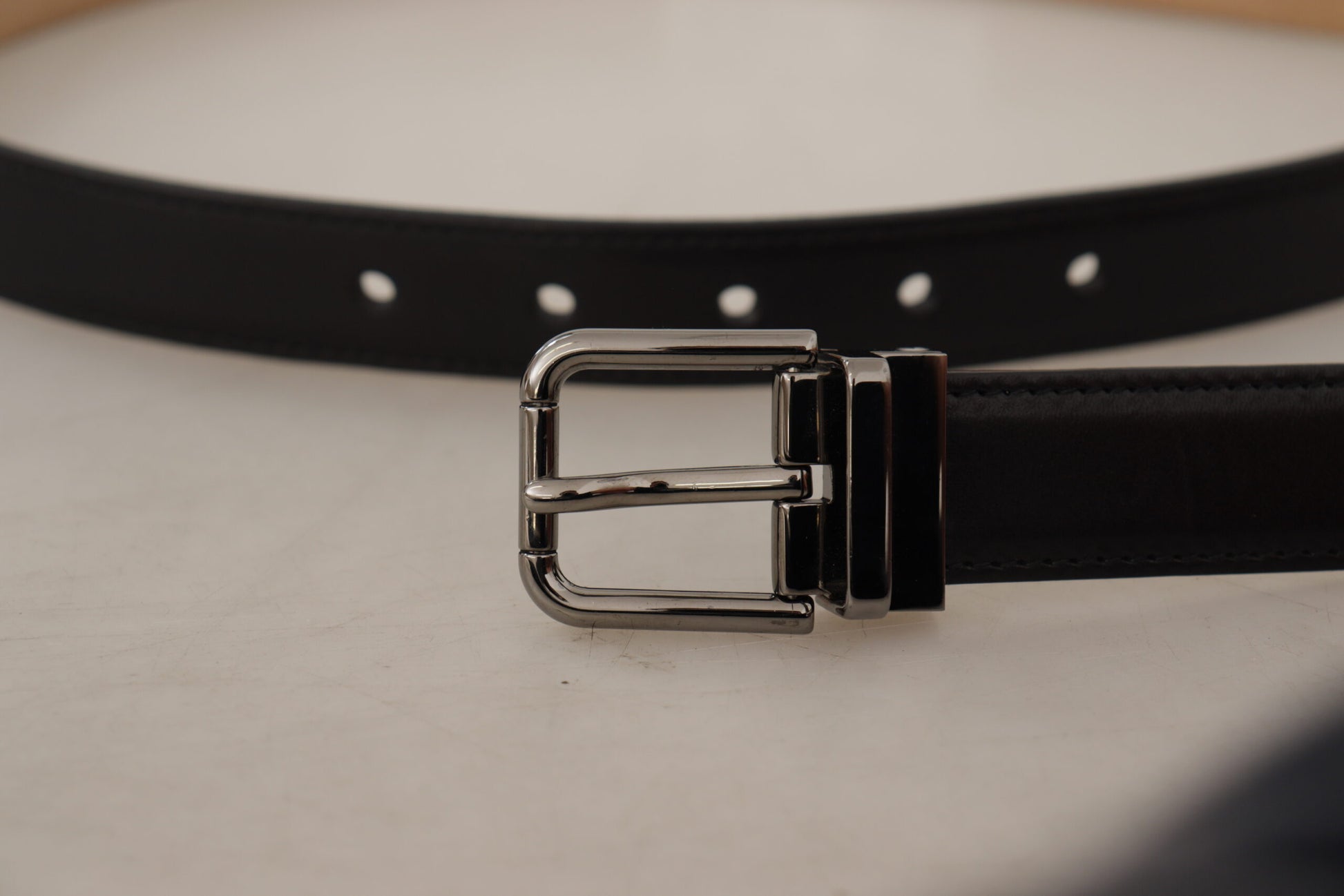 Black Calf Leather Logo Engraved Metal Buckle Belt-Dolce & Gabbana-LabelTerrace.com