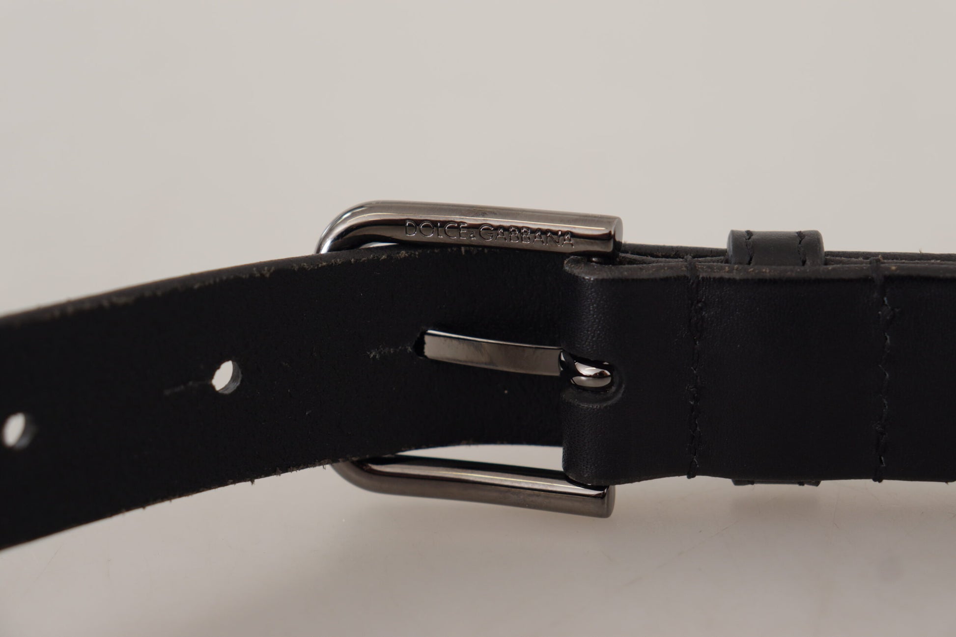 Black Calf Leather Logo Engraved Metal Buckle Belt-Dolce & Gabbana-LabelTerrace.com