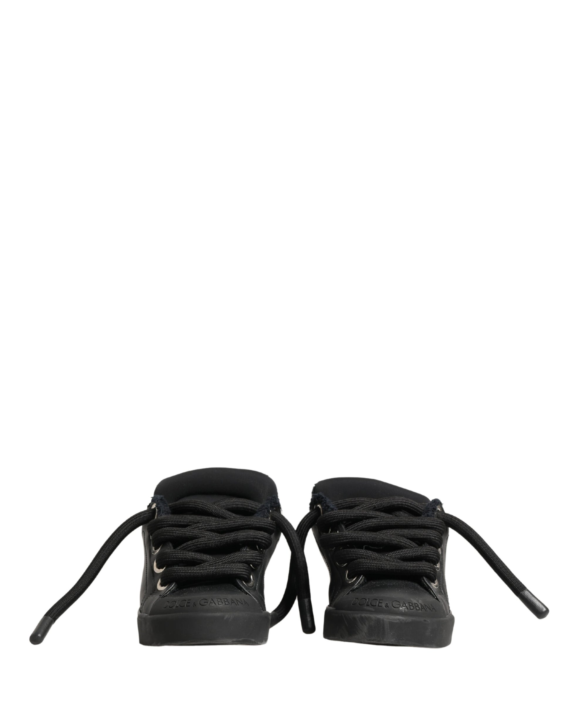 Black Calf Leather Nappa Lace-Up Sneakers Shoes